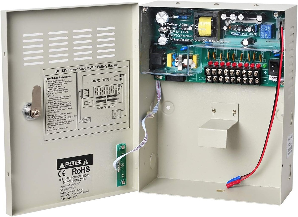 EVERSECU 9 Channel 12V 5Amp DC Metal Boxed Cabinet Regulated UPS Power Supply Unit with Backup