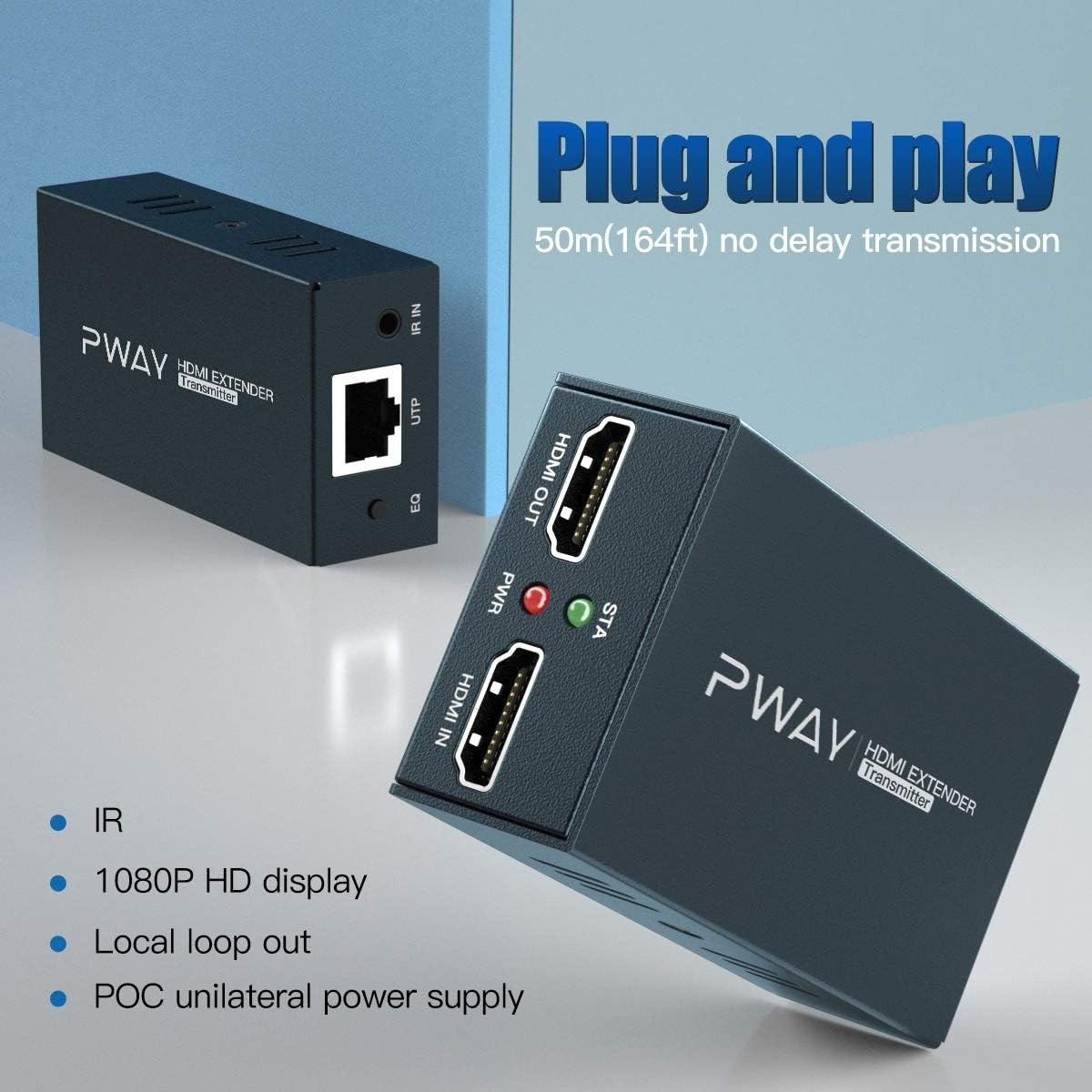 PWAYTEK HDMI Over Ethernet Extender, HDMI Extender Over Single Cat5e/6/7 196ft (60m), 1080P@60Hz, Full HD